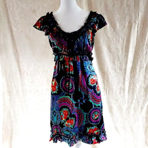 TODAY ONLY! VTG Y2K Betsey Johnson 100% Silk Multicolor Ruffled Dress - Picture 1 of 4
